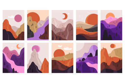 Abstract landscapes. Mountains and river minimalist scenes, contempora