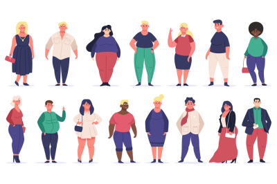 Body positive people. Plus size male and female multiracial characters