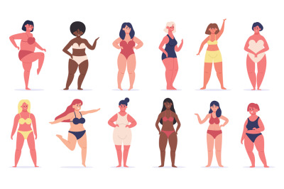 Plus size women. Multiracial curvy girls, cute overweight women in und