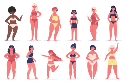 Body positive girls. Multiracial women group of different figure type,