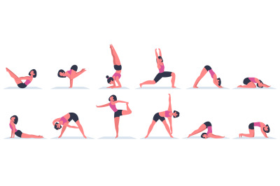 Yoga woman. Young female character doing yoga asanas, physical exercis