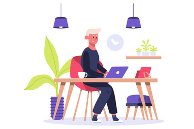 Freelance worker. Man works on laptop at home, male freelance characte