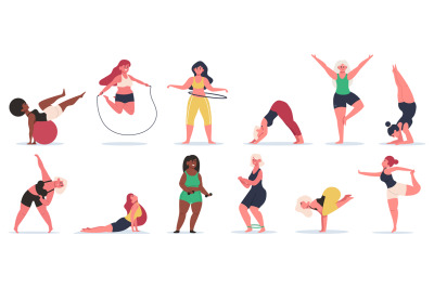 Body positive fitness. Plus size girls do yoga, work out training and