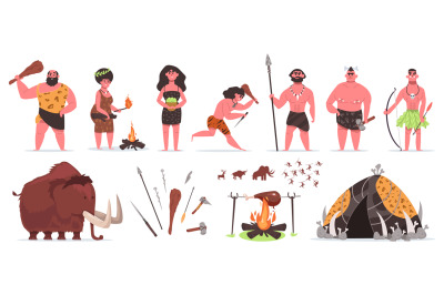 Primitive people. Stone age prehistoric caveman characters with stone