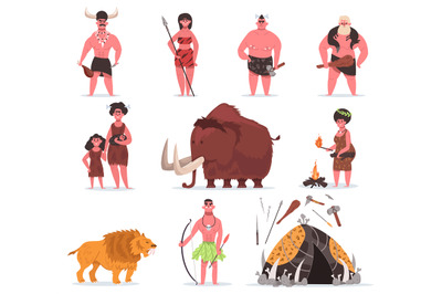 Stone age characters. Caveman, primitive characters, ancient animals a