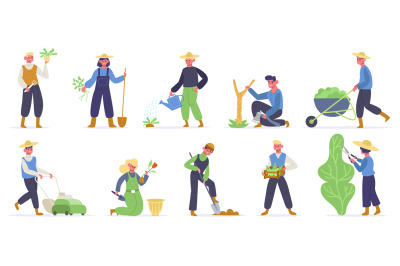 Gardening characters. Farm workers, gardeners planting, watering and g