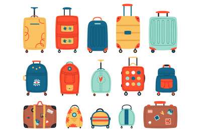 Luggage bags. Vacation baggage, plastic, metal or textile tourism suit