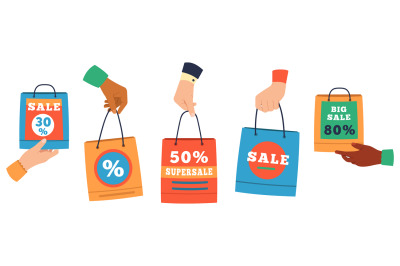 Sale shopping bags. Hands holding paper shoppers with discount percent