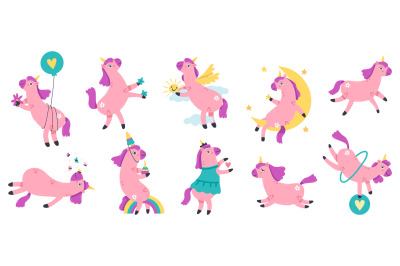 Cute unicorns. Funny hand drawn rainbow unicorns, magic fairytale unic