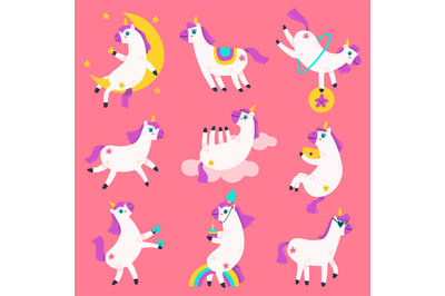 Cute unicorn characters. Doodle rainbow unicorns, fairy tale funny bab