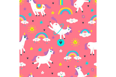 Unicorn seamless pattern. Cute fairytale animals, pony unicorns with r