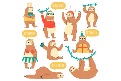 Hanging sloths. Wild tropical animal characters, funny lazy rainforest