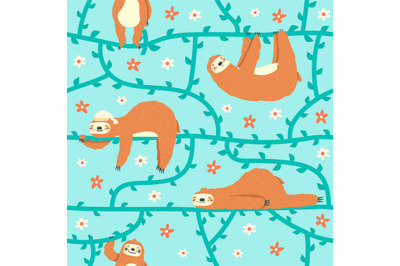 Cute sloths pattern. Lazy tropical sloths hanging on tree, jungle anim