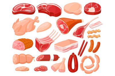 Meat products. Cartoon butchery shop food, chicken, beef steak, pork,