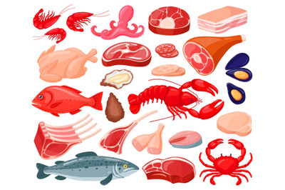 Meat food. Cartoon seafood and butcher shop food, shrimps, salmon, lob