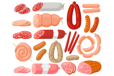 Meat sausages. Cartoon chicken, pork, beef sausages and salami sausage