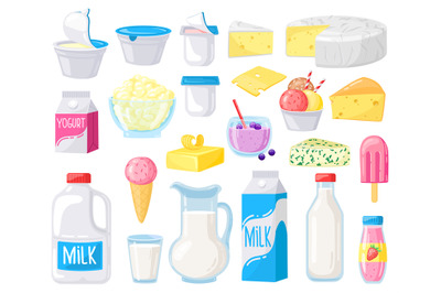 Dairy products. Cartoon milk, cheese, butter, sour cream, yogurt, cott