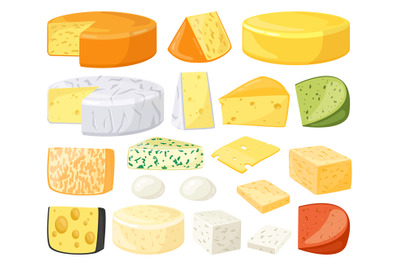 Cartoon cheese. Dairy products types, cheddar, parmesan, brie, camembe