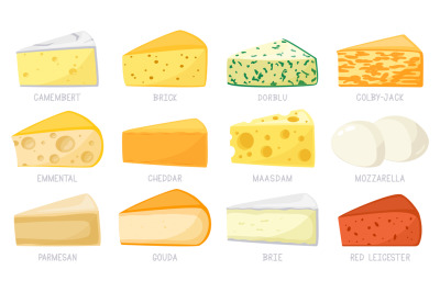 Cartoon cheese types. Cheese triangles, cheddar, brie, mozzarella, par