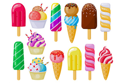 Cartoon ice cream. Delicious ice cream cones, lolly ice, fruit ice and