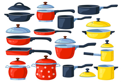 Cartoon frying pan. Cooking pots, metal saucepan and casserole, kitche