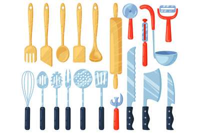 Kitchen utensils. Kitchenware cutlery tools, knives, forks, spatula an