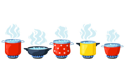 Cooking kitchen pots. Cartoon boiling saucepan, cooking soup boiling o