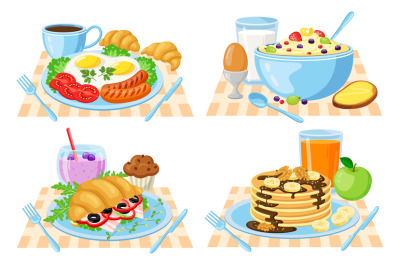 Cartoon breakfast. Healthy, delish breakfast menu, pancakes, croissant