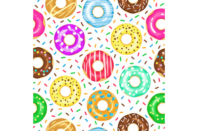 Cartoon donuts pattern. Seamless glazed and sprinkled donuts backdrop,