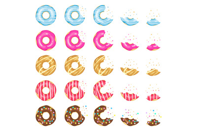 Donuts eating stages. Pink, yellow and blue glazed chocolate donuts, t