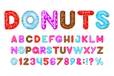 Donut alphabet. Sweet bakery donut font, pink, blue and red glazed cho