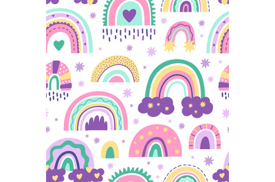 Cute nursery rainbow pattern. Doodle childish seamless pattern, scandi