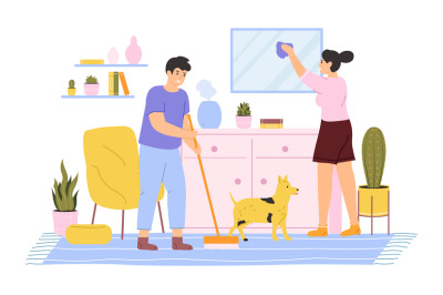 House cleaning. Young couple cleaning and washing house, daily home ro