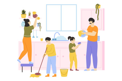 Family cleaning house. Family with kids do housework together, family