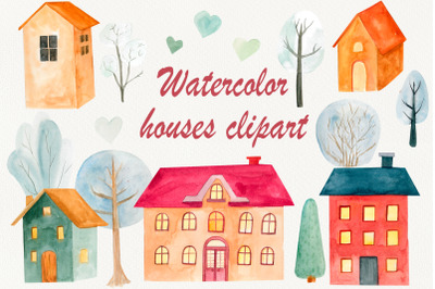 Christmas village, Watercolor house clipart