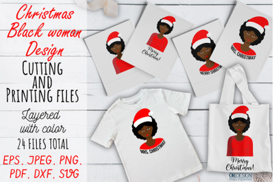 Christmas Black woman svg. Afro woman with Santa hat. Merry Christmas