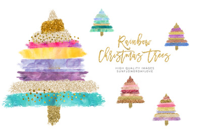 Rainbow Christmas tree clipart&2C; Boho Gold Glitter Christmas Clip Art