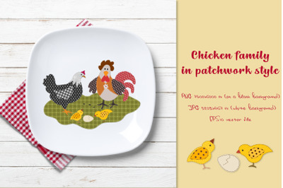 Chicken family in patchwork style