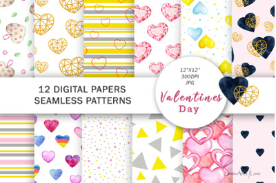 Watercolor Valentines Digital Papers, Seamless Pattern