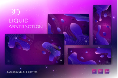 3D liquid abstraction. Background, 3 posters.