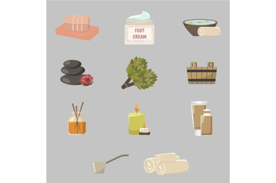 Sauna icons set, equipment and accessories. Broom leaf, towel and hot