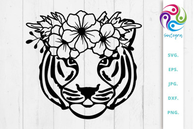 Cute Tiger With Flower Crown On Head Svg File