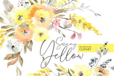 Yellow Watercolor Flowers, Bouquets, Wreaths