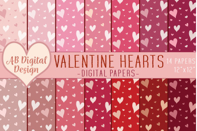 Valentines Digital Paper, Boho Hearts, Romantic Blush Pink Red