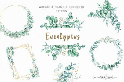 Watercolor Eucalyptus Wreath Frame Clipart