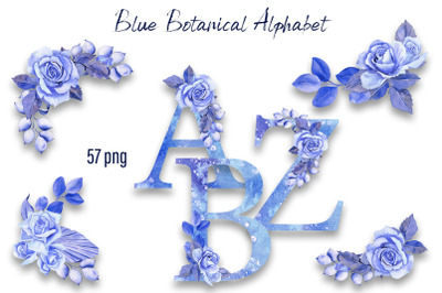 Blue  Floral rose Botanical Alphabet