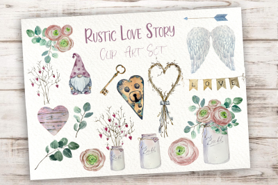 Watercolor Rustic Love Story Clip Art Set