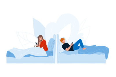 People Lying In Bed And Use Mobile Phone Vector