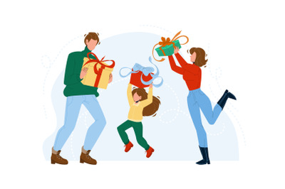 Gift Holding Family And Celebrate Holiday Vector