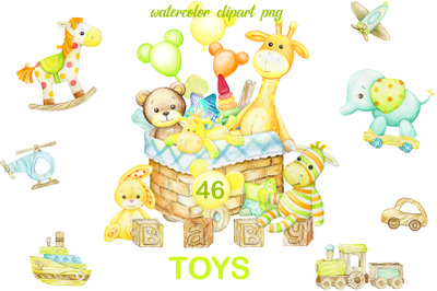 Wooden toys, Watercolor Digital Clipart. giraffe, teddy bear, bunny. B